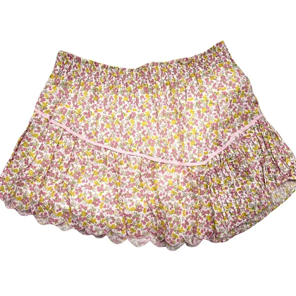 LoveShackFancy Floral Mini Skirt Size L Pink Yellow Cotton Boho Cottagecore - Picture 1 of 7